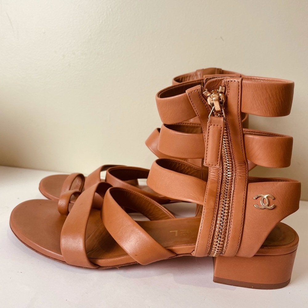 CHANEL Cognac Multi-Strap Leather Zip Sandals